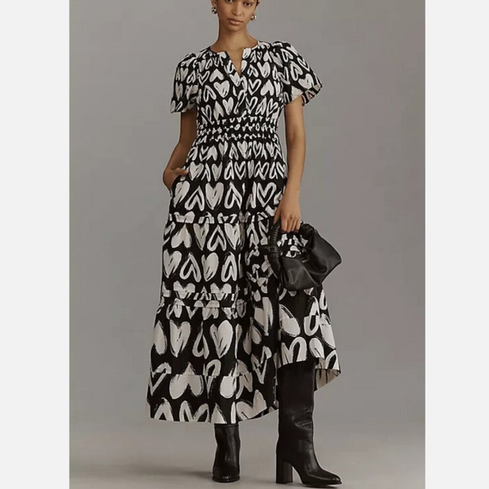 Anthropologie The Somerset Maxi Dress Cotton Tiered Hearts Heart Print M NWT